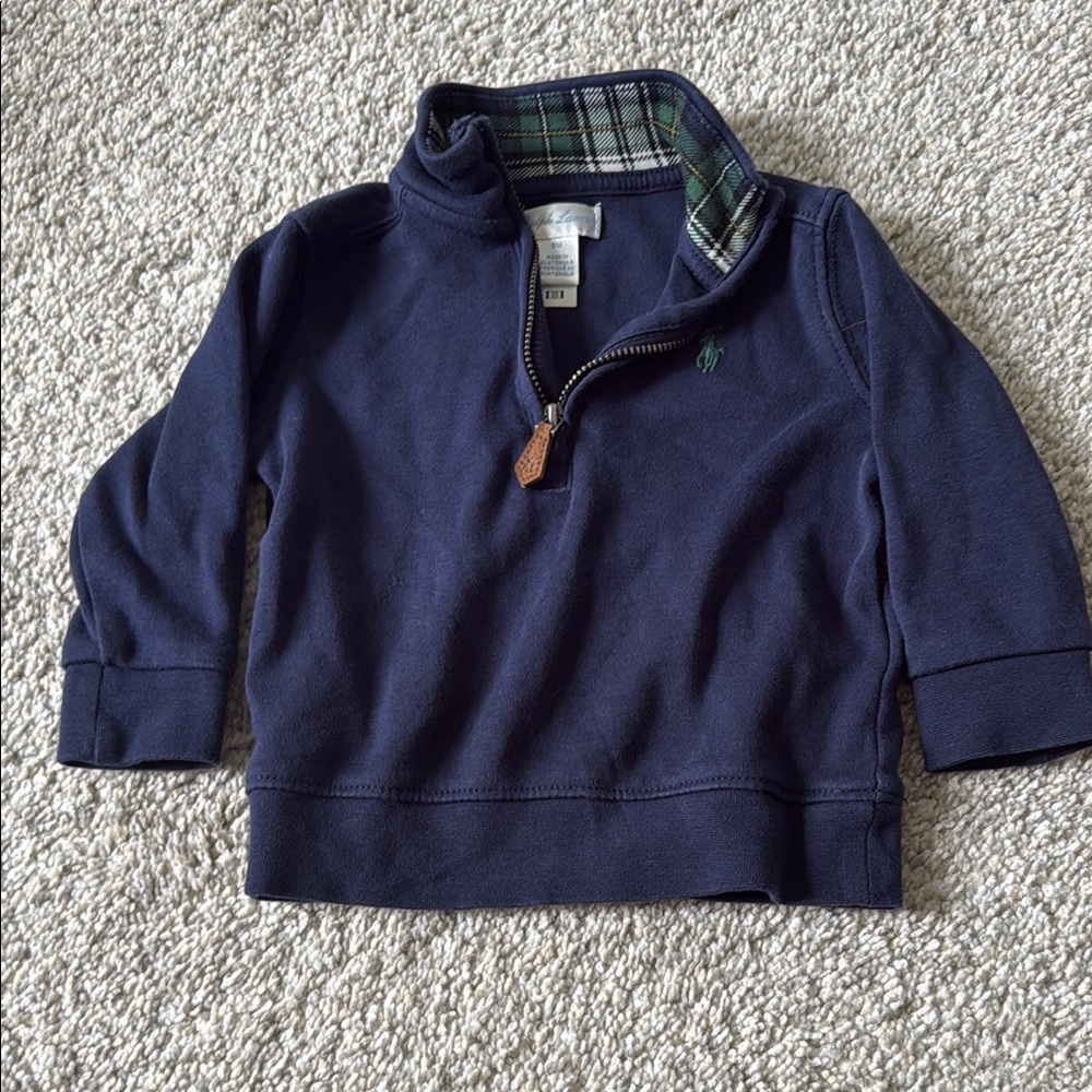 Ralph Lauren polo Navy Blue Quarter-Zip Pullover with Plaid Collar